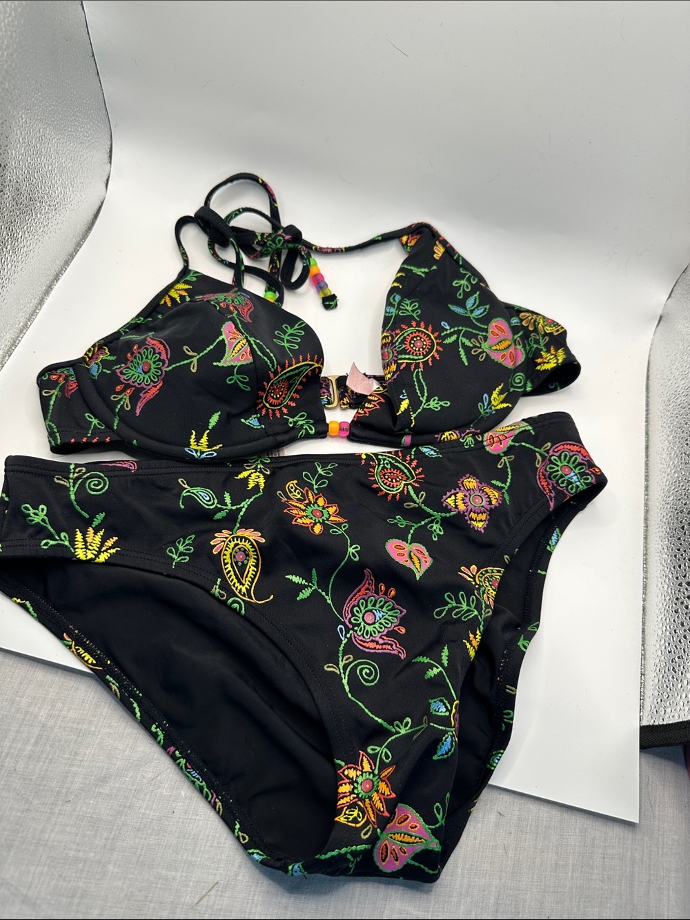 Victoria's Secret Black Neon Floral Bikini Set size M / 34B